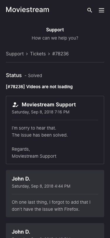 Moviestream Support View Ticket - Mobile
